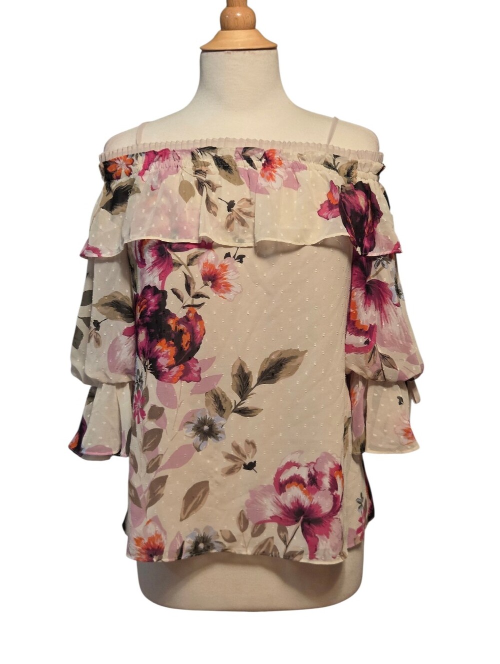 White House Black Market Off-Shoulder Floral Ruffle Blouse - Cream & Pink